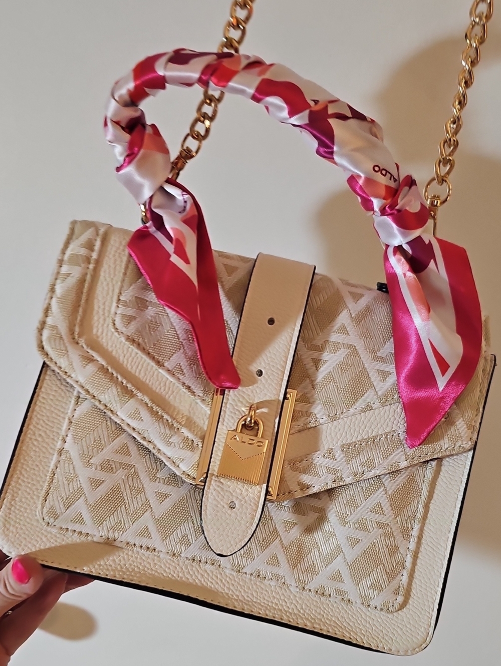 Aldo Cream Monogram Satchel with Pink Scarf-Trim